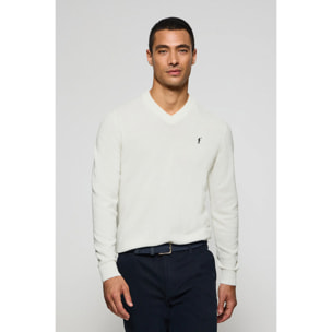 Maglione beige in filo con scollo a V e ricamo Rigby Go
