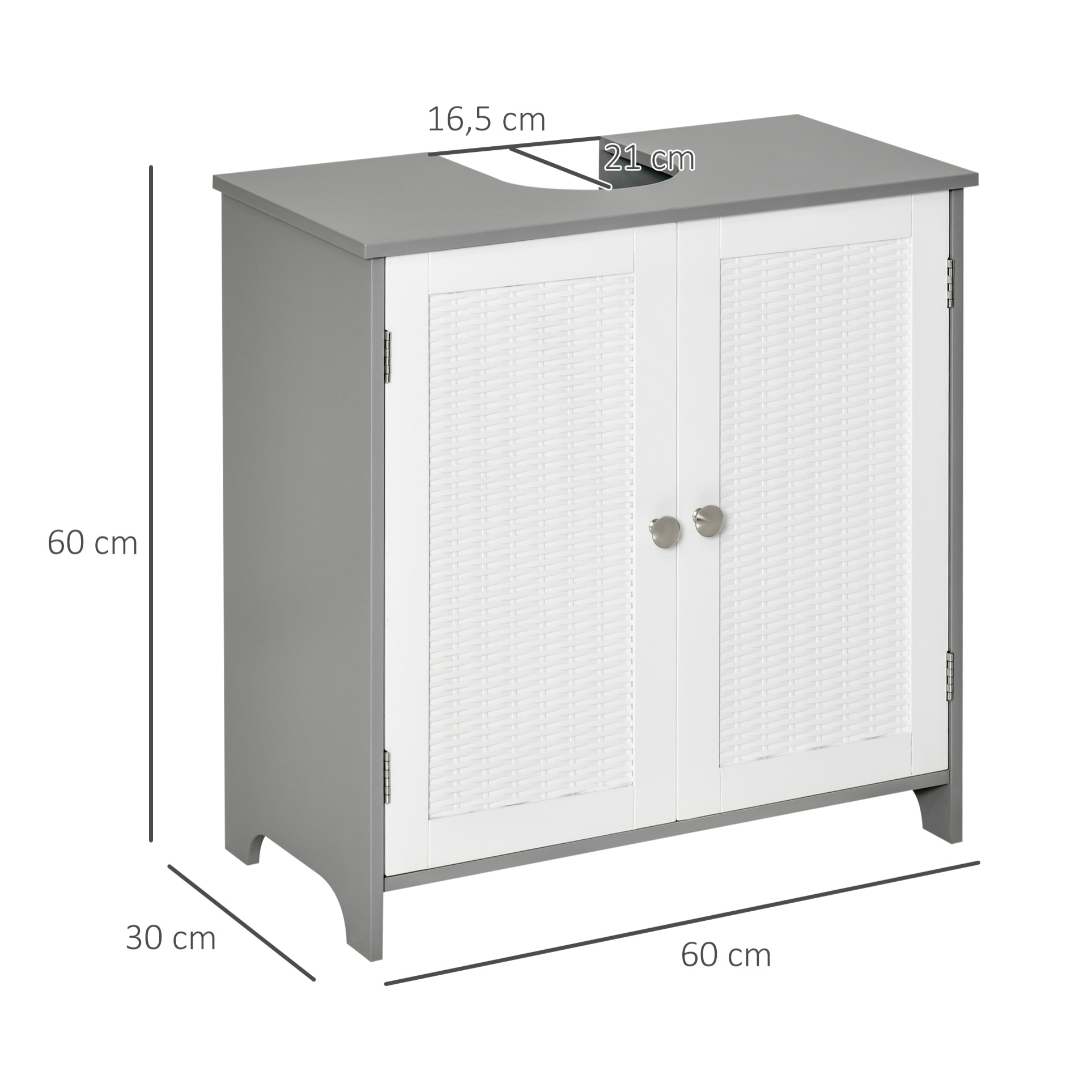 Meuble salle de bain - meuble sous-vasque - placard 2 portes aspect résine tressée avec étagère - MDF blanc gris