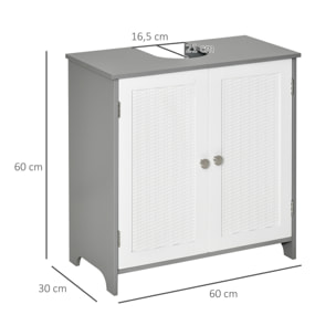 Meuble salle de bain - meuble sous-vasque - placard 2 portes aspect résine tressée avec étagère - MDF blanc gris