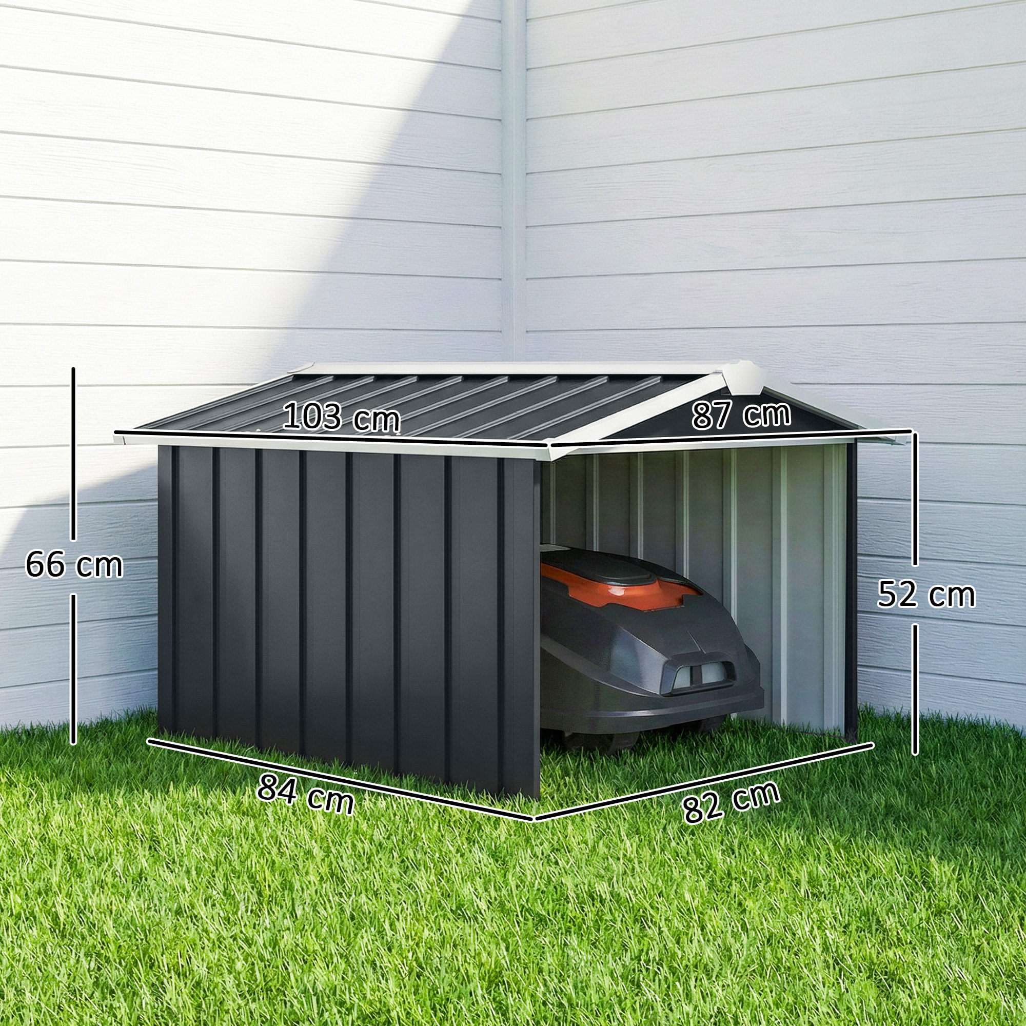 Garaje para Robot Cortacésped de Acero Galvanizado con Techo Dos Aguas, Caseta para Robot Cortacésped, 87x103x66 cm, para Jardín, Exterior, Césped, Gris Oscuro