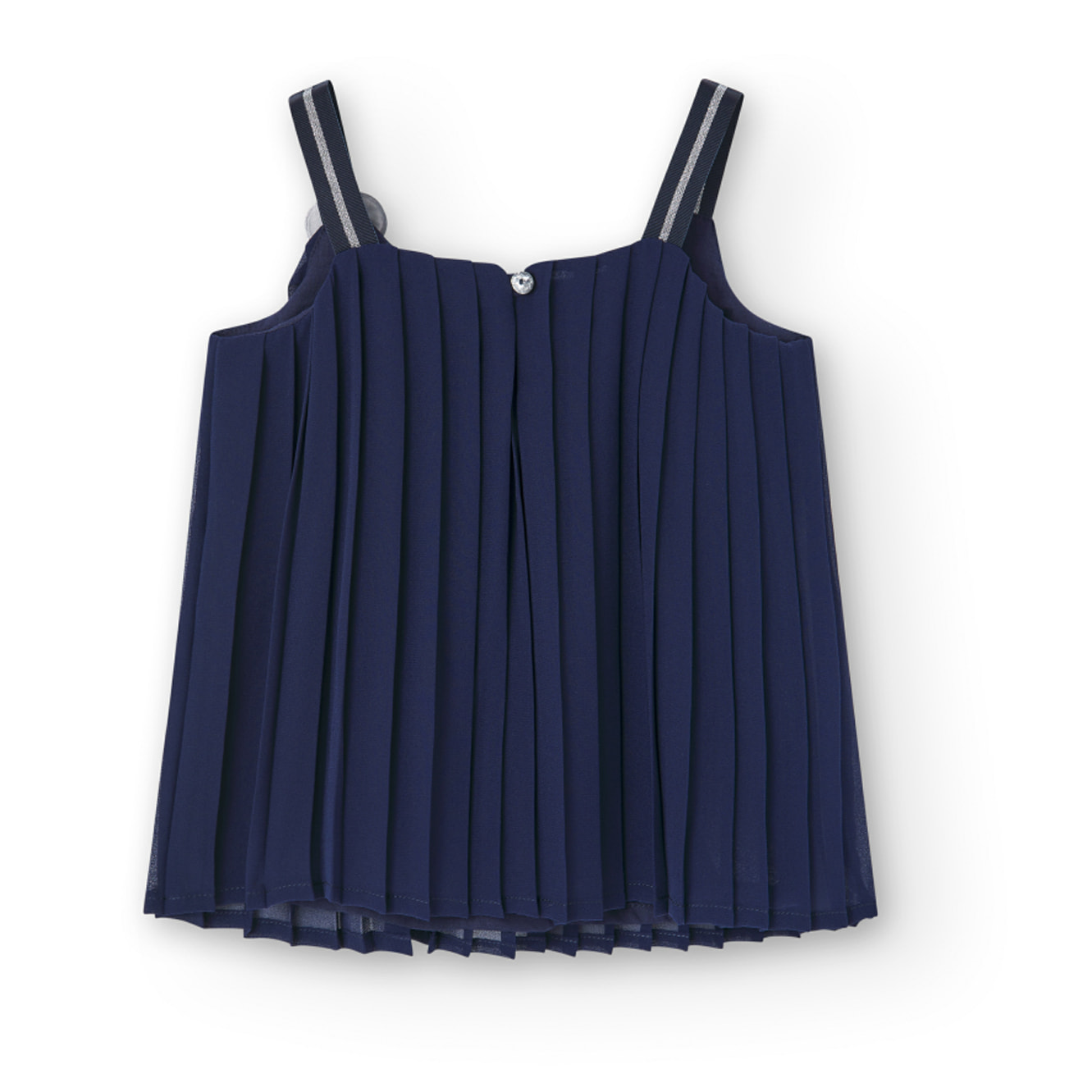 Top plisado, gasa niña, tirantes, cierre botón, azul marino