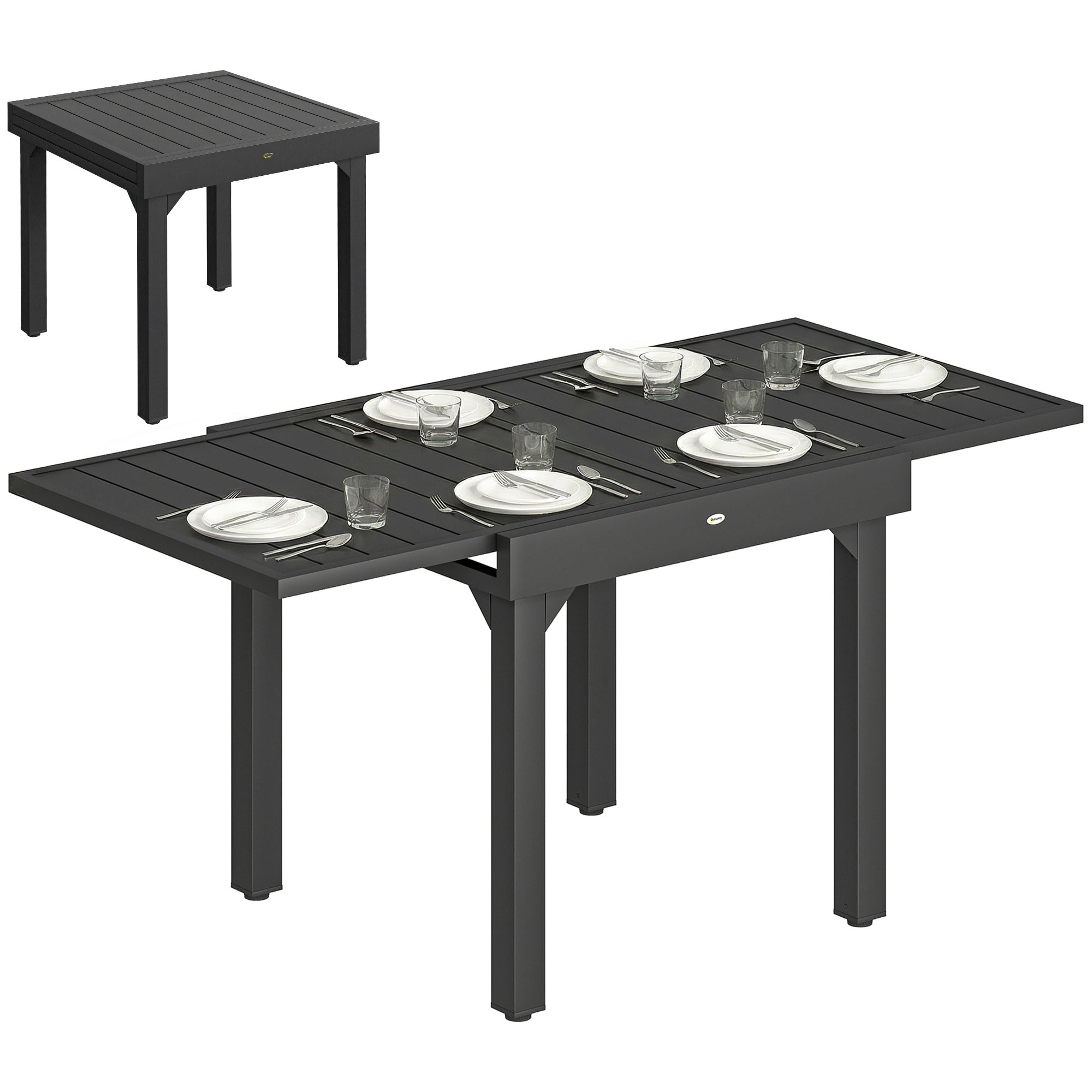 Mesa de Jardín Extensible, Mesa de Comedor Exterior Extensible 80/160x80 cm, de Aluminio, con Superficie de Lamas, Carga 70 kg, Mesita Rectangular para 4-6 Personas, para Patio, Terraza, Negro