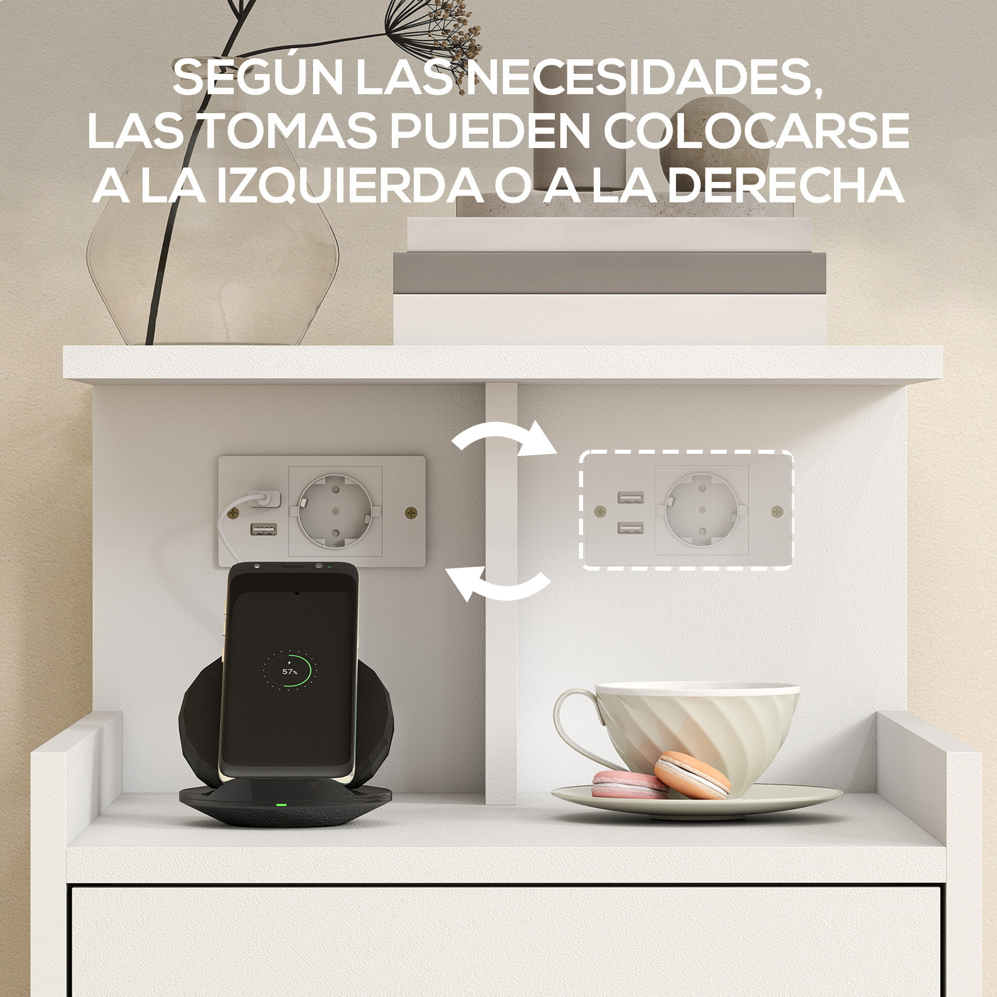 Mesita de Noche con Estación de Carga, Mesilla de Noche Dormitorio con Puertos USB, Cajón y Estantes Abiertos, para Salón, Estudio, 40x40x60 cm, Blanco