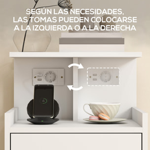 Mesita de Noche con Estación de Carga, Mesilla de Noche Dormitorio con Puertos USB, Cajón y Estantes Abiertos, para Salón, Estudio, 40x40x60 cm, Blanco