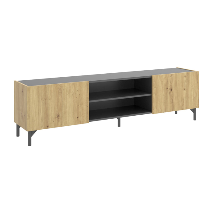 Mobile porta TV Emet, Credenza bassa da soggiorno, Madia da salotto per televisione, 161x35h45 cm, Rovere Nodi e Antracite