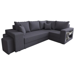 Libbie - Canapé d'angle droit 4 places convertible avec coffre, étagère et poufs en tissu - Gris foncé