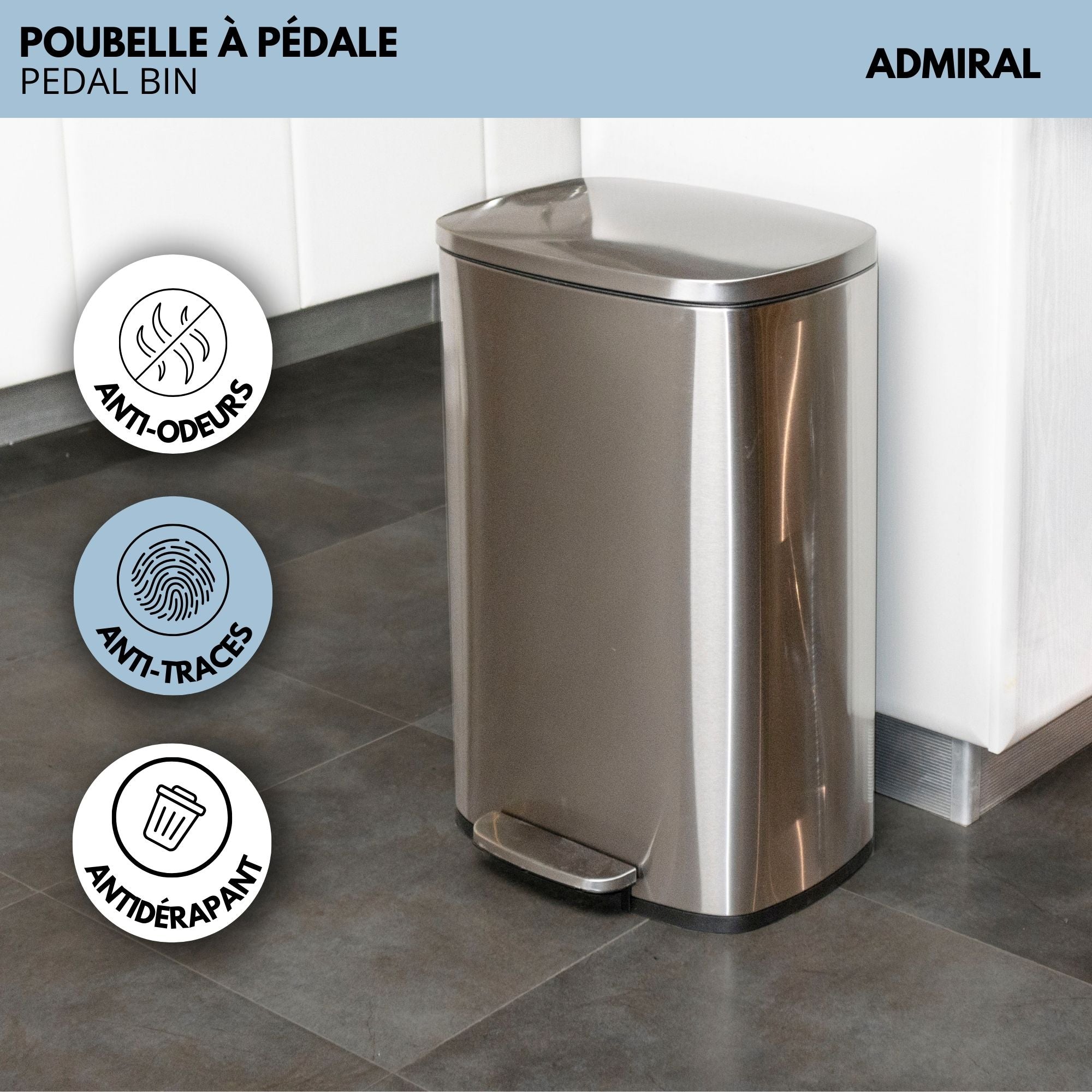 Poubelle à pédale inox ADMIRAL 50L