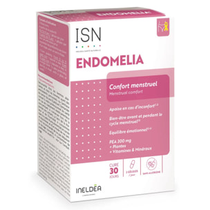 ISN - Endomelia - Complément alimentaire à base de PEA, NAC, Resvératrol, Plantes, Vitamines & Minéraux - Favorise le confort menstruel - Equilibre émotionnel - Cure 30 jours