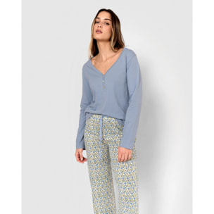 Pijama largo de algodón con escote pico irene azul