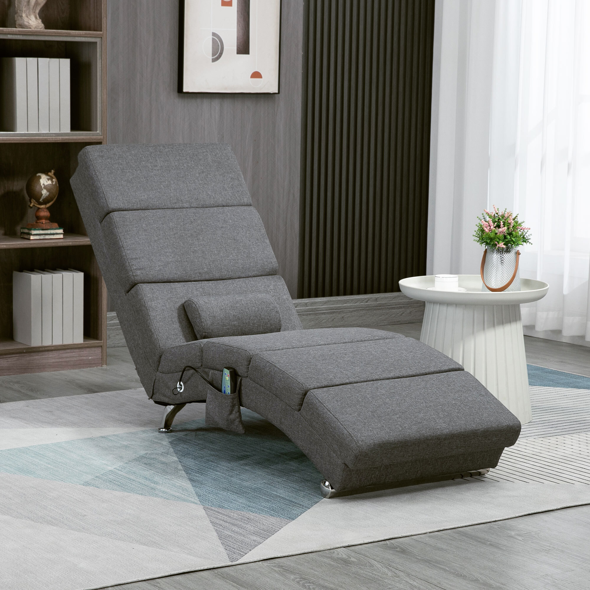 Fauteuil relax massant chauffant design contemporain - chaise longue d'intérieur - piètement métal chromé tissu gris