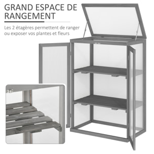 Mini serre de jardin 3 niveaux dim. 76L x 47l x 110H cm double porte toit ouvrant bois sapin lasuré gris polycarbonate