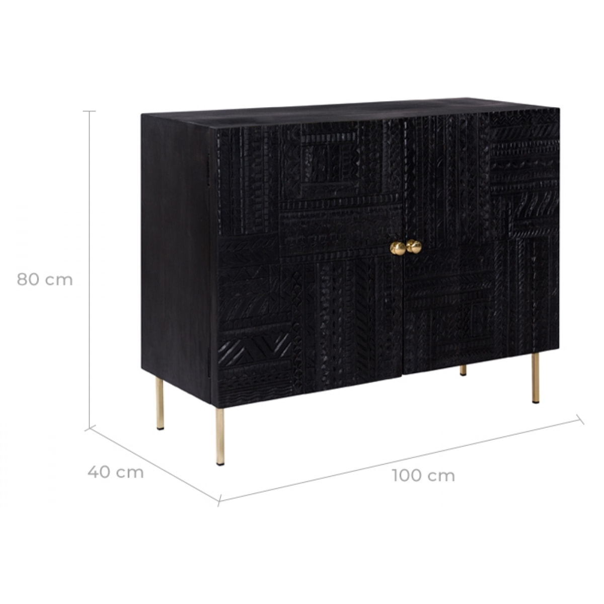 Commode 2 portes en bois gravé noir et métal doré - Chimane