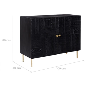 Commode 2 portes en bois gravé noir et métal doré - Chimane