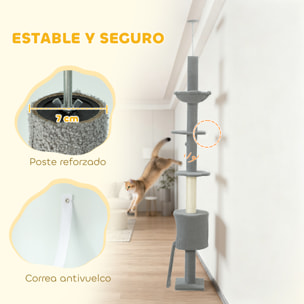 Árbol para Gatos de Suelo a Techo, Altura Ajustable de 220-240 cm, Torre para Gatos con Hamaca, Plataformas en Flor, Cuevas, Rampa y Bola, Gris Claro