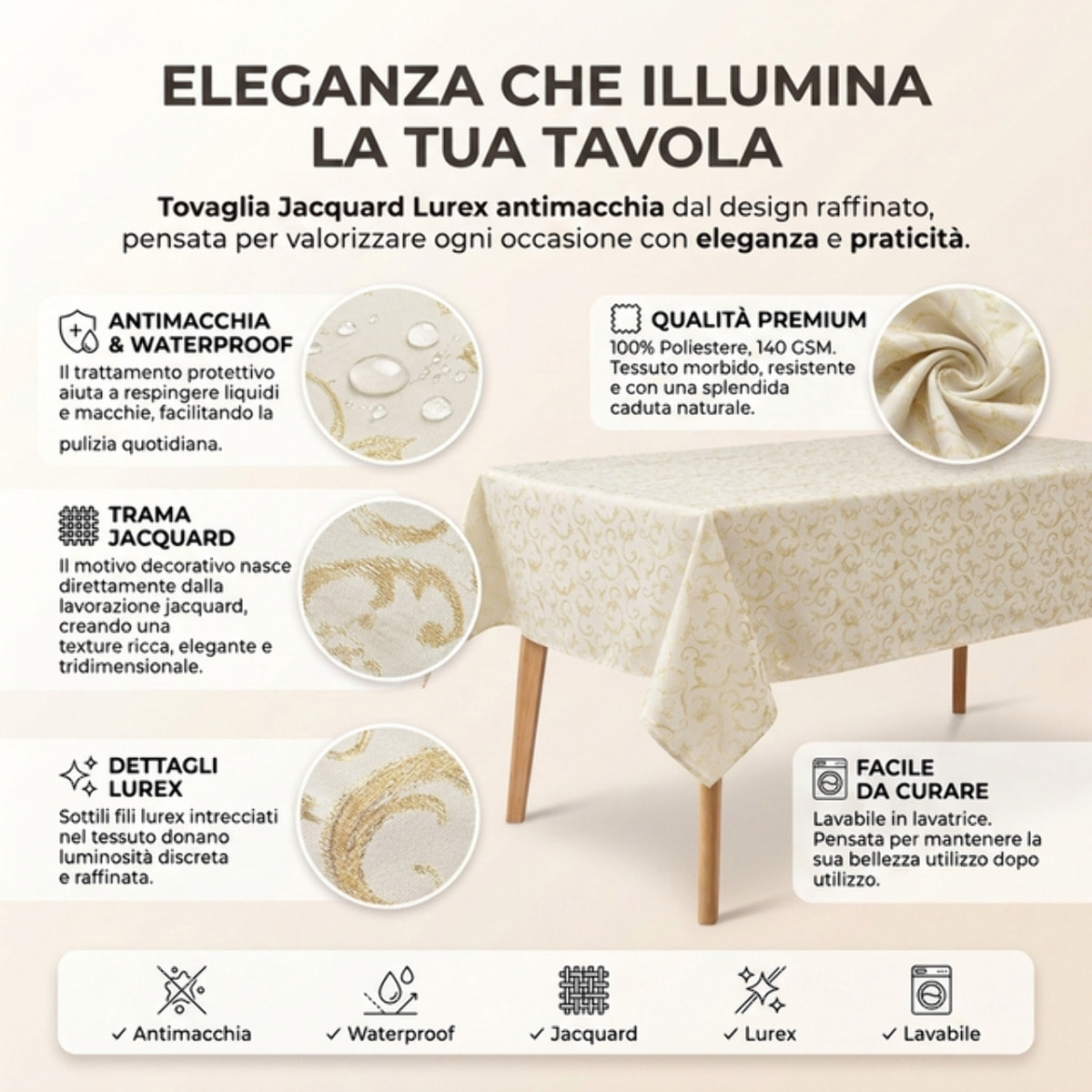 Tovaglia jacquard lurex in poliestere - PANNA/ORO