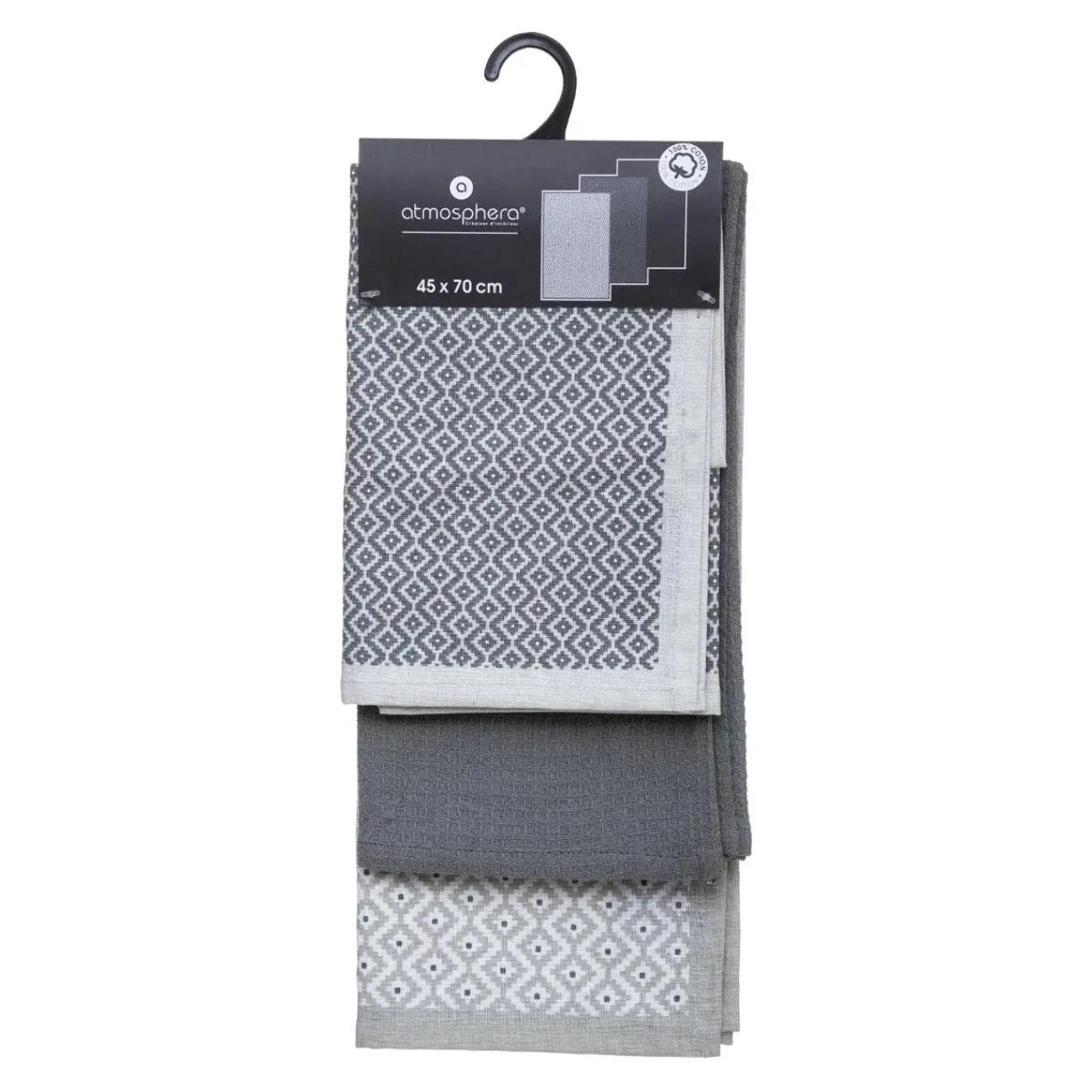 Lot de 3 torchons imprimés - coton - gris foncé - 45x70 cm