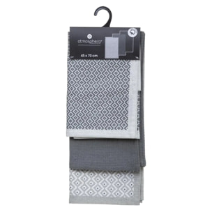 Lot de 3 torchons imprimés - coton - gris foncé - 45x70 cm