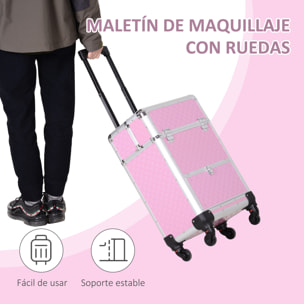 Maleta de Maquillaje Profesional con Cajón Maletín de Maquillaje con Ruedas para Viaje Trabajo 34x25x62 cm Rosa