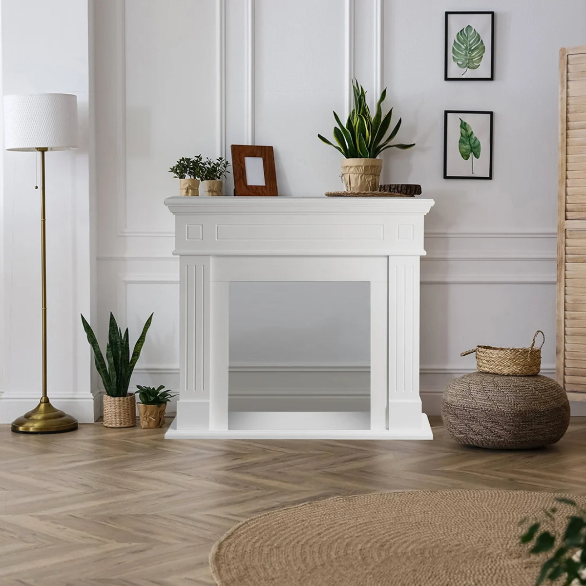 Cambridge - Cornice per Camino 110x100x36 cm Rivestimento Decorativo in Legno MDF Bianco