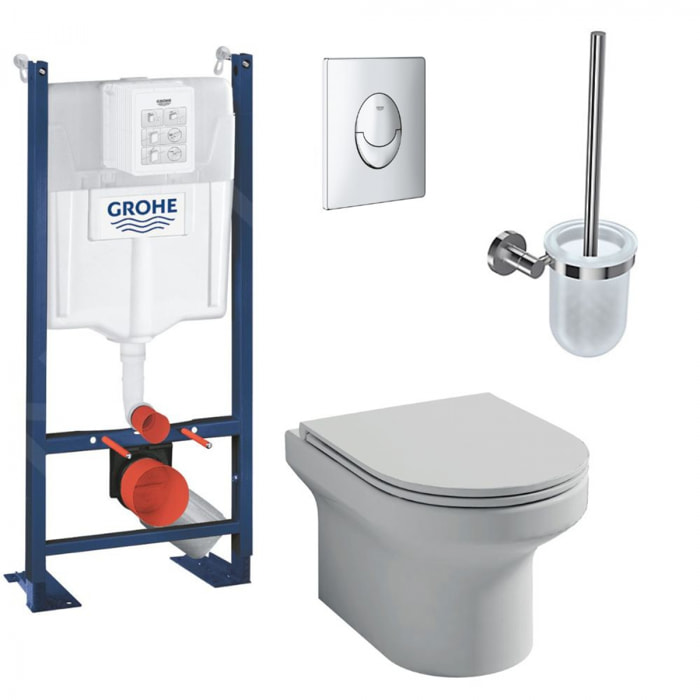 Pack WC suspendu sans bride Jacob Delafon  Elite abattant extraplat + Bâti support Grohe RapidSL + plaque chromé + Porte-balai