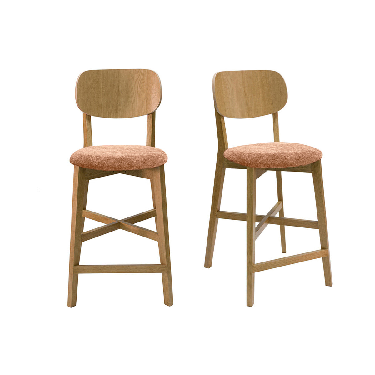 Tabourets de bar en bois clair chêne et tissu effet velours terre brûlée H65 cm (lot de 2) LUCIA