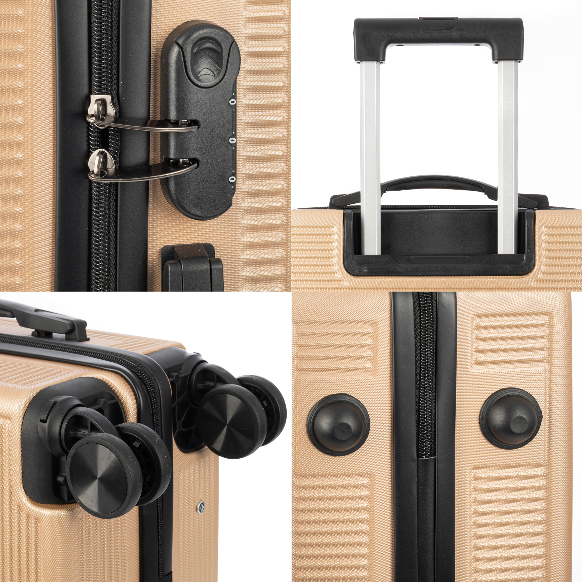 DAM Set di 3 valigie Trolley, in materiale leggero ABS ad alta resistenza. Serratura numerica e 4 ruote doppie rimovibili e girevoli a 360°. 50x29x76 Cm. Colore: Oro