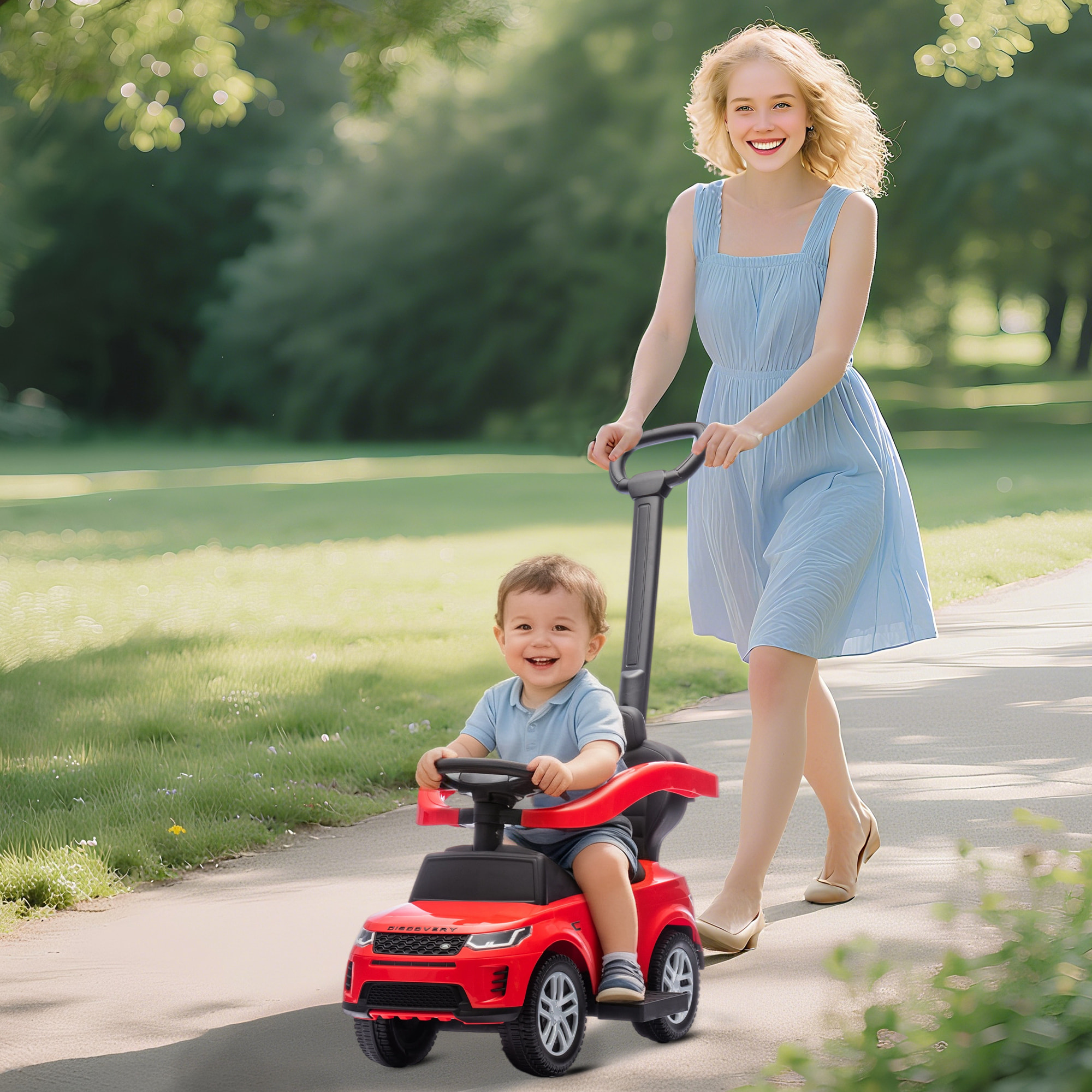 Coche Correpasillos 2 en 1 para Niños de 18-36 Meses LAND ROVER DISCOVERY, Correpasillos con Espacio de Almacenaje, Bocina, Volante, Mango de Empuje y Barandilla Extraíbles, Rojo
