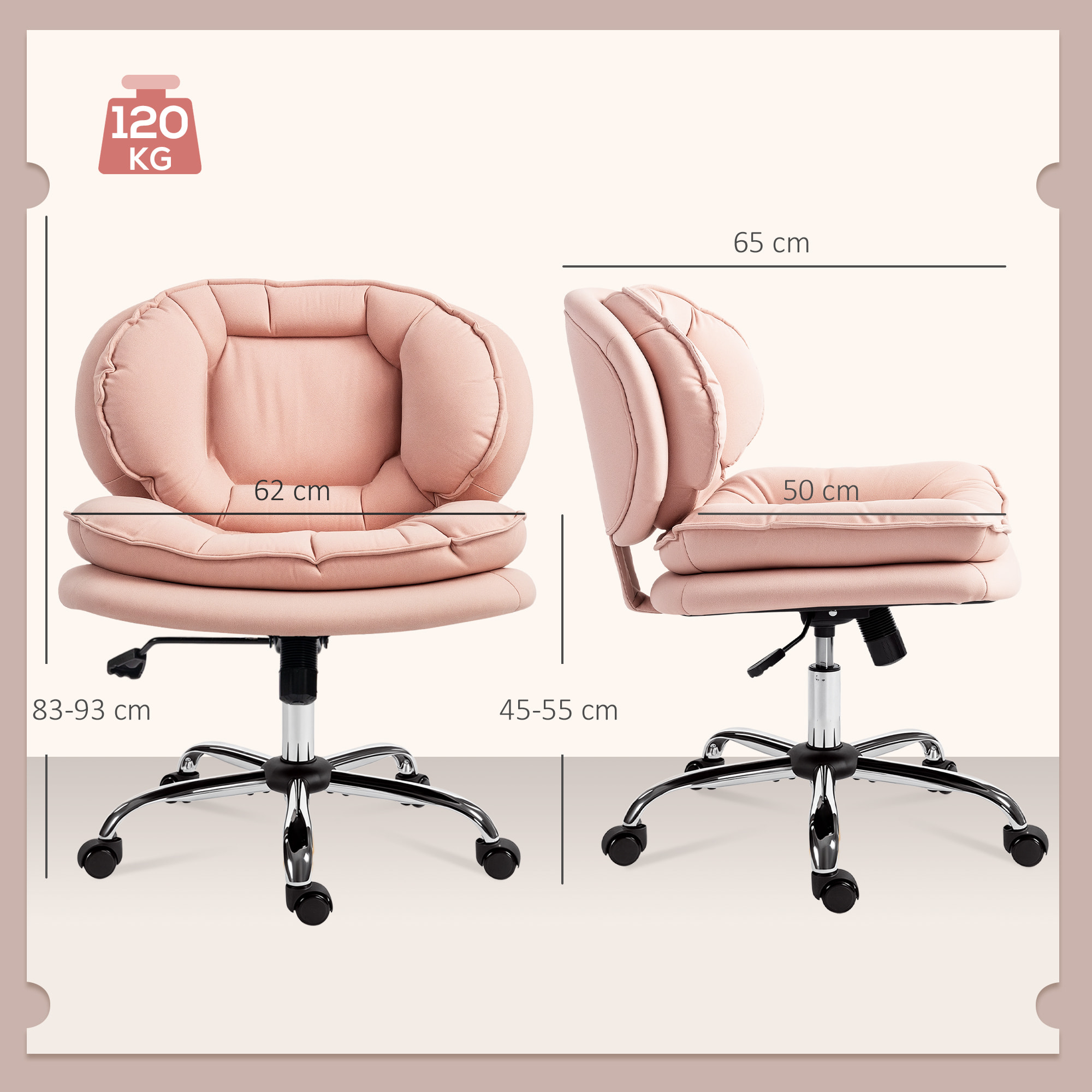 Silla de Oficina Piernas Cruzadas, Silla de Escritorio sin Brazos con Asiento Ancho, Ruedas, Altura Ajustable, Doble Acolchado, Giratoria, Función Basculante, Tapizada en PU, Rosa