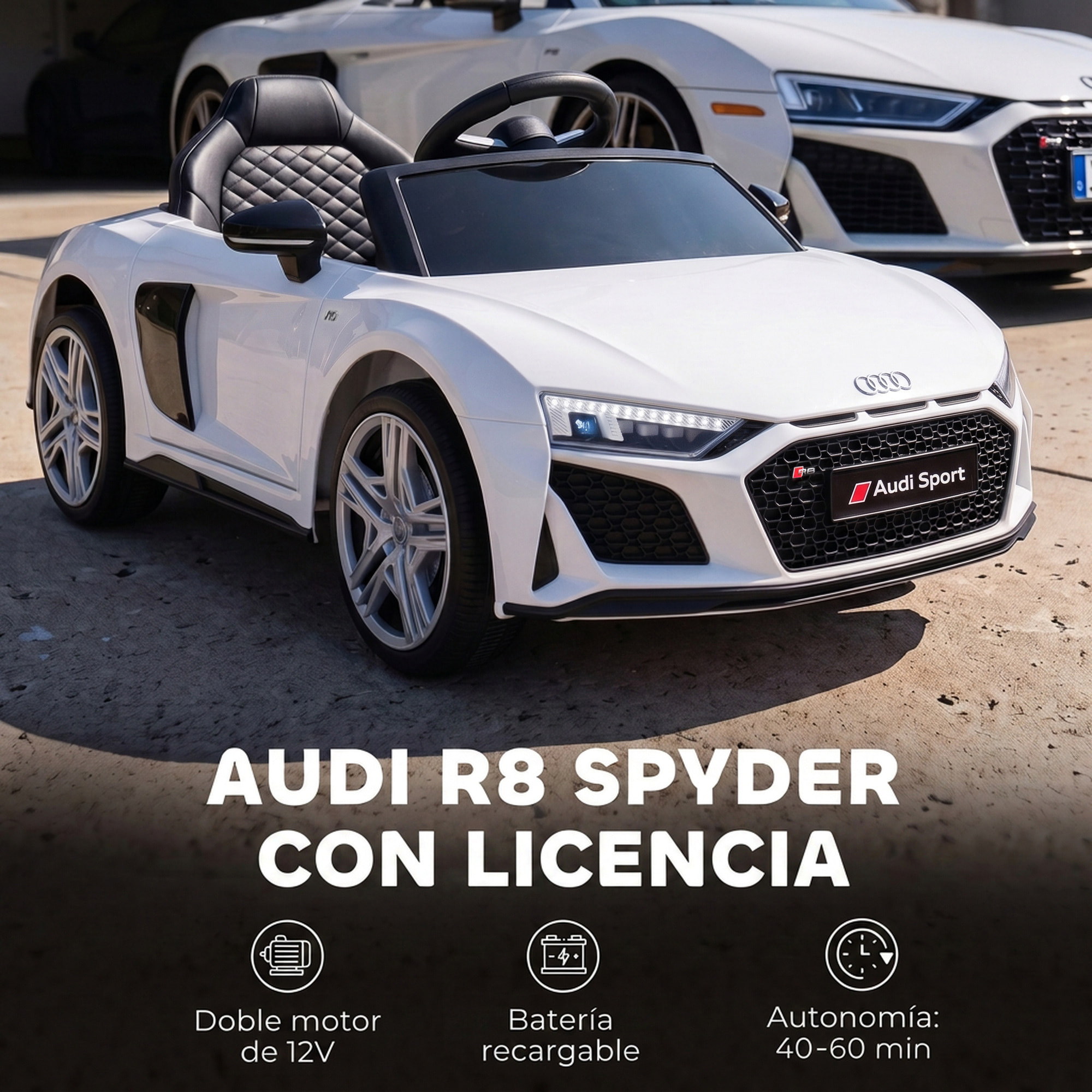 Coche Eléctrico para Niños Audi R8 Spyder Coche de Batería Litio 12V con Mando a Distancia 2,4 G 2 Motores Arranque Suave Suspensión Trasera Música Bocina USB Faros LED +3 Años 3-5km/h Blanco