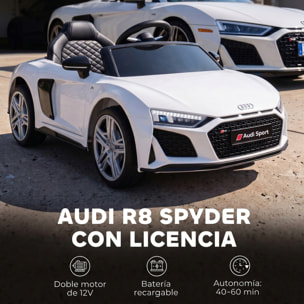 Coche Eléctrico para Niños Audi R8 Spyder Coche de Batería Litio 12V con Mando a Distancia 2,4 G 2 Motores Arranque Suave Suspensión Trasera Música Bocina USB Faros LED +3 Años 3-5km/h Blanco