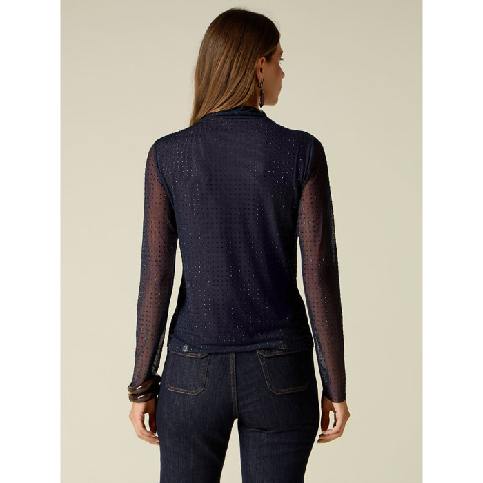 Oltre - T-shirt in tulle con cristalli - Blu