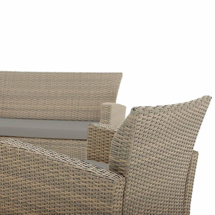 Century - Salotto da giardino in alluminio e polyrattan con divano 2 posti + 2 poltrone + tavolino con ripiano in vetro 5mm. Set da giardino lounge completo di cuscini colori neutri