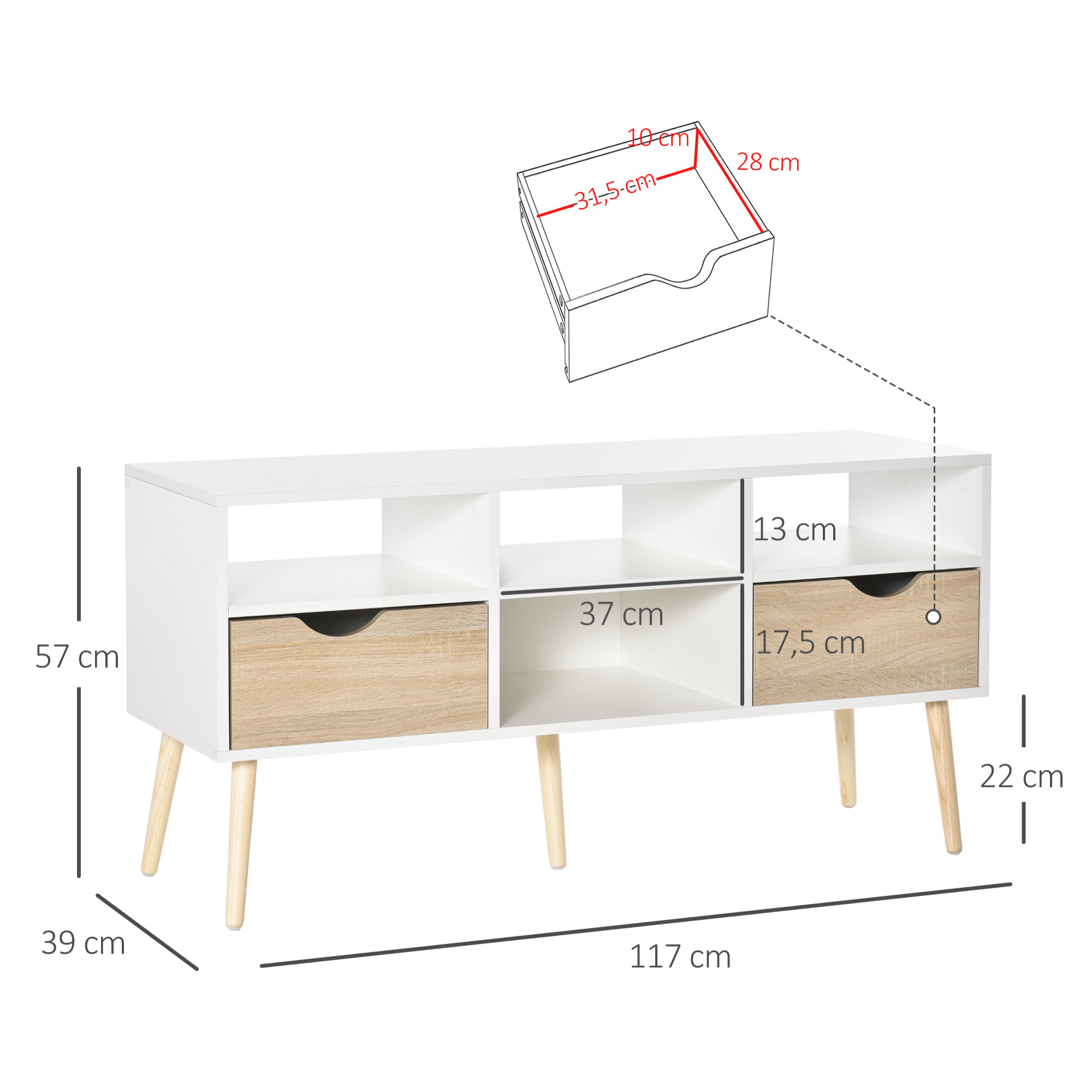 HOMCOM Mueble de TV para Televisiones 50”Mesa para TV de Salón Comedor Moderna con 2 Cajones y 4 Compartimentos Patas de Madera Antivuelco 117x39x57 cm Blanco y Madera Natural