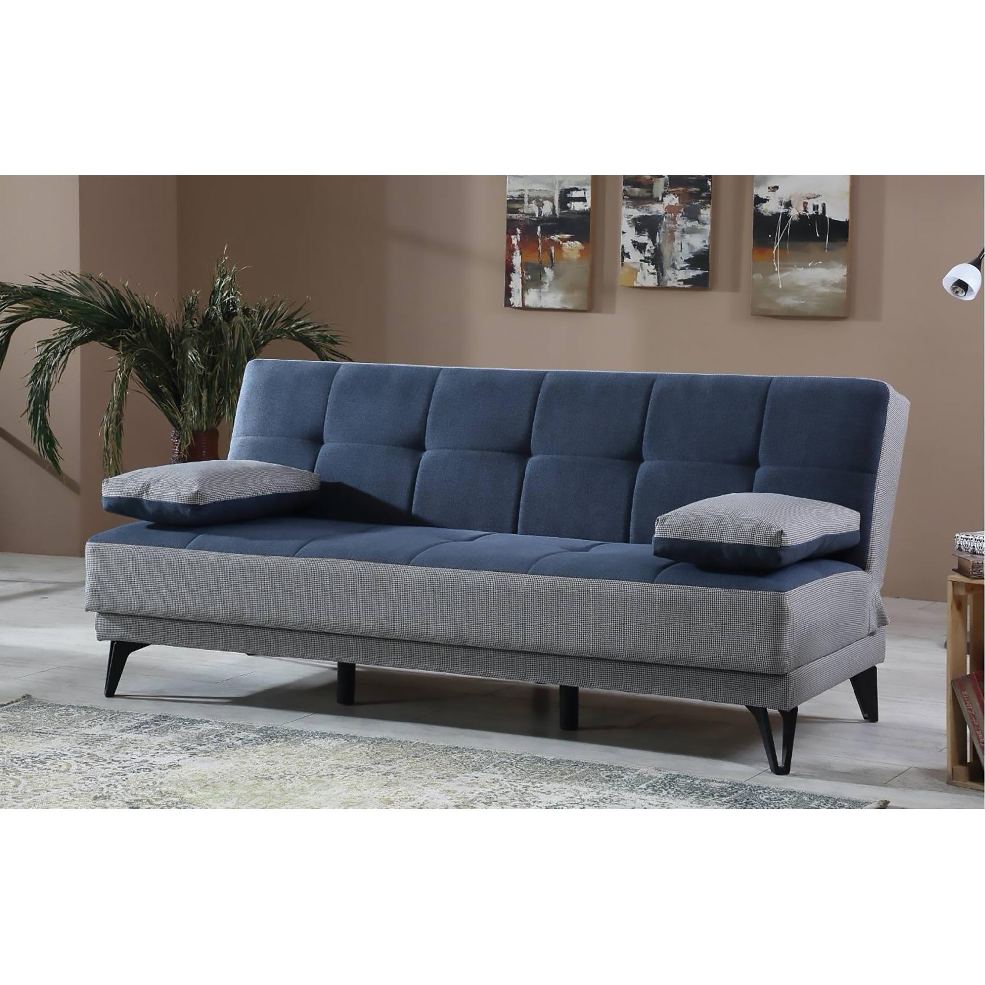 Divano letto Jordi, Divano letto a 3 posti con piedini in metallo nero , Sofà da soggiorno in tessuto imbottito con apertura click-clack, 190x87h97 cm, Grigio e Blu