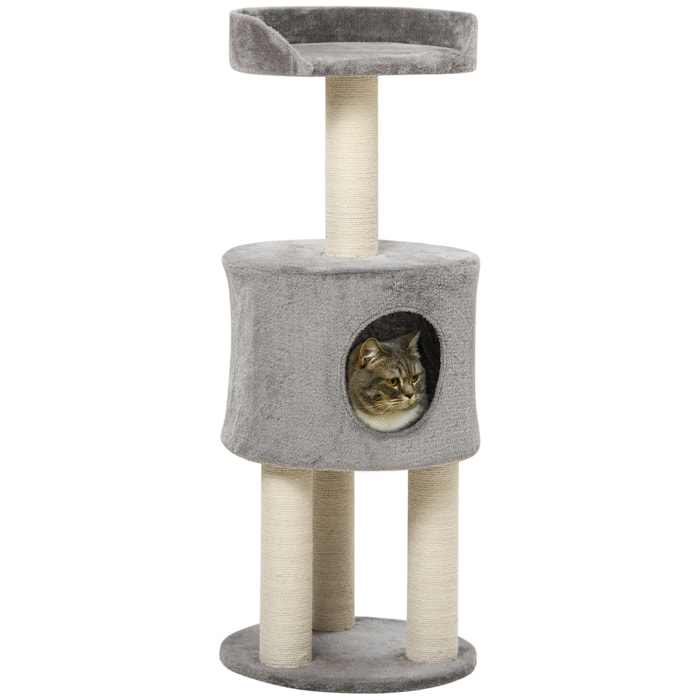 Arbre à chat griffoirs sisal naturel arbre à grimper H.103 cm niche plateforme d'observation peluche grise