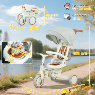 Tricycle enfant pliable évolutif 5 en 1 poignée telescopique auvent amovible marron crème