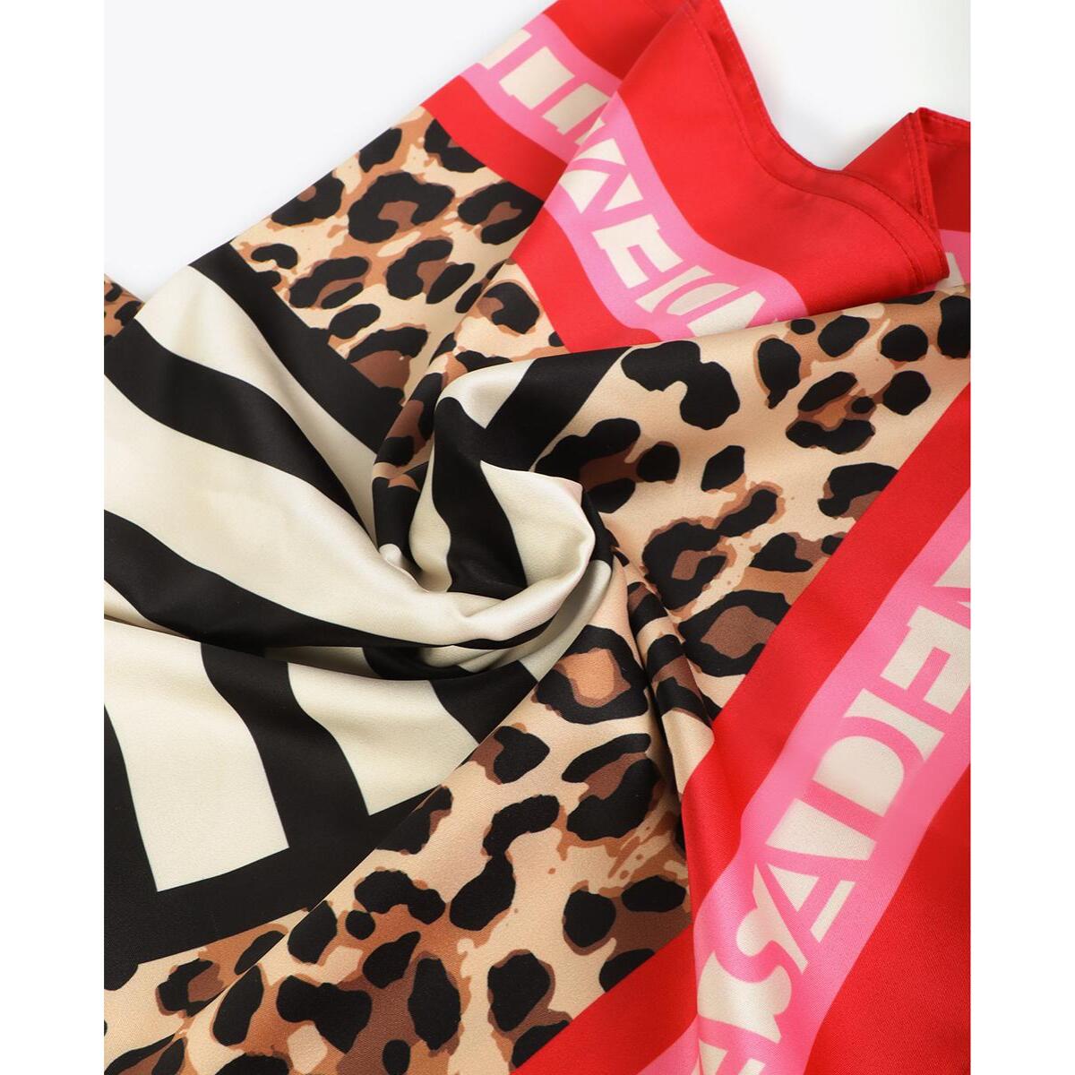 Sciarpa in raso con stampa combinata a righe e leopardo