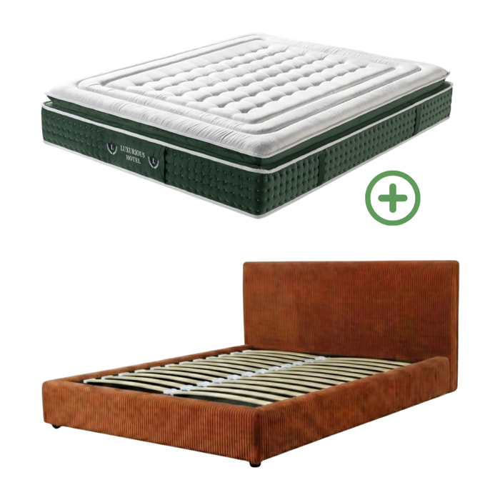 Ensemble matelas Jade & lit coffre Colisée | Mémoire de forme et ressorts ensachés | Grande capacité de stockage | Velours côtelé | Terracotta