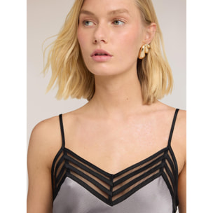 Motivi - Vestido largo de satén con borde de tul - Gris