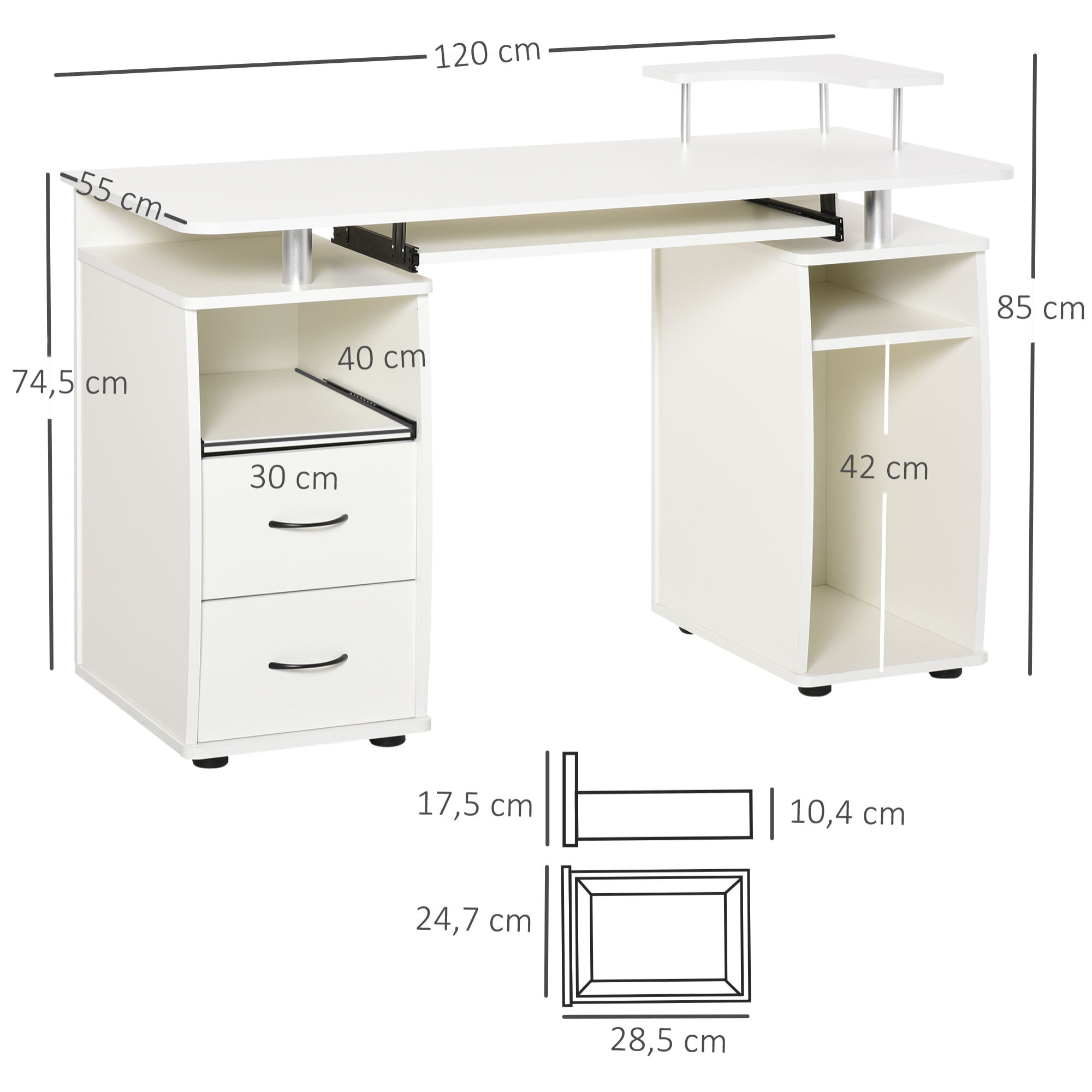 Escritorio con Estanterías Mesa de Ordenador con 2 Cajones Bandeja de Teclado Extraíble y Soporte para Monitor CPU para Oficina Estudio 120x55x85 cm Blanco