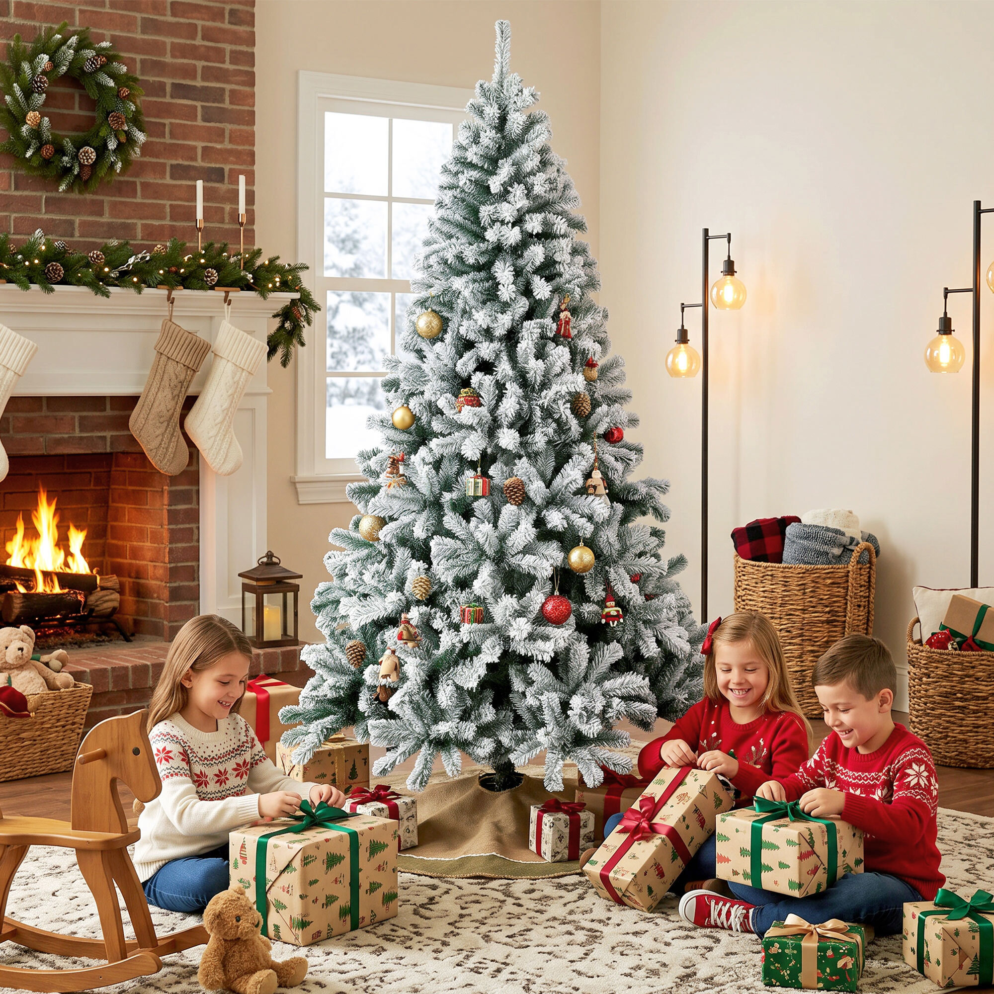 Árbol de Navidad Nevado de 180 cm, Árbol de Navidad de Abeto con Ramas Articuladas, 650 Puntas de PVC Ignífugo, Montaje Rápido, Soporte de Acero Plegable, Verde y Blanco