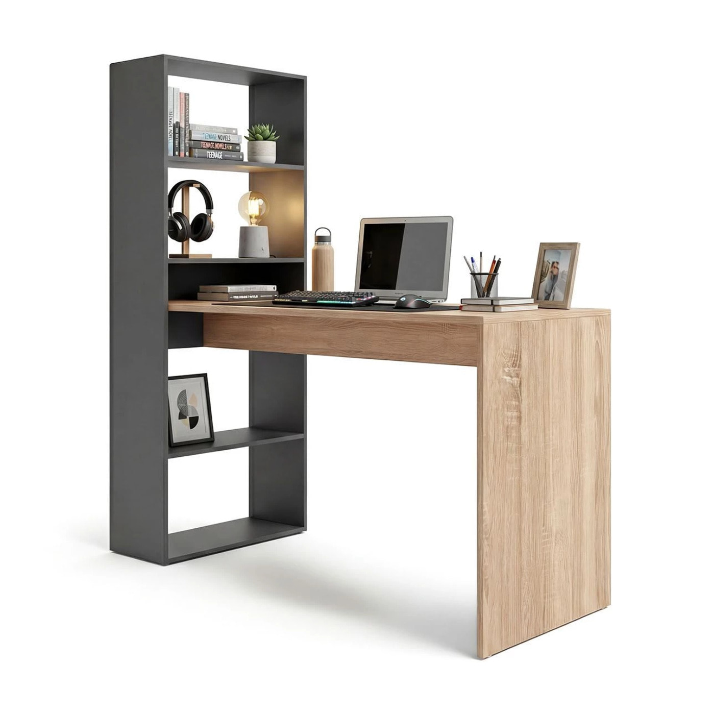 Mesa de escritorio con estantería en gris grafito y roble canadian 120x50 cm Cosmic Gris Grafito - Roble Canadian