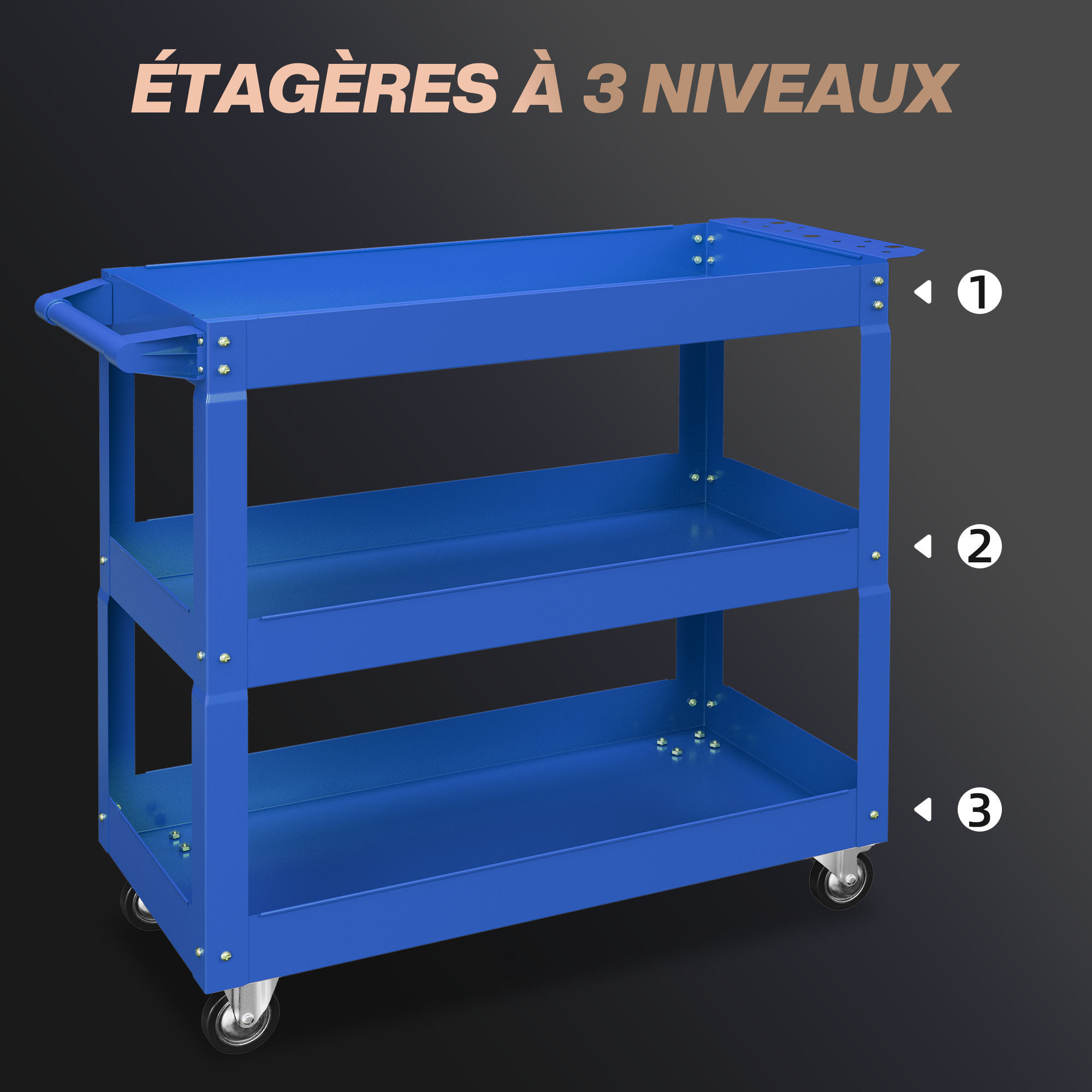 Chariot desserte d'atelier acier 3 plateaux sur roulettes avec poignée - charge max. 150 kg - 83 x 35,3 x 76 cm bleu