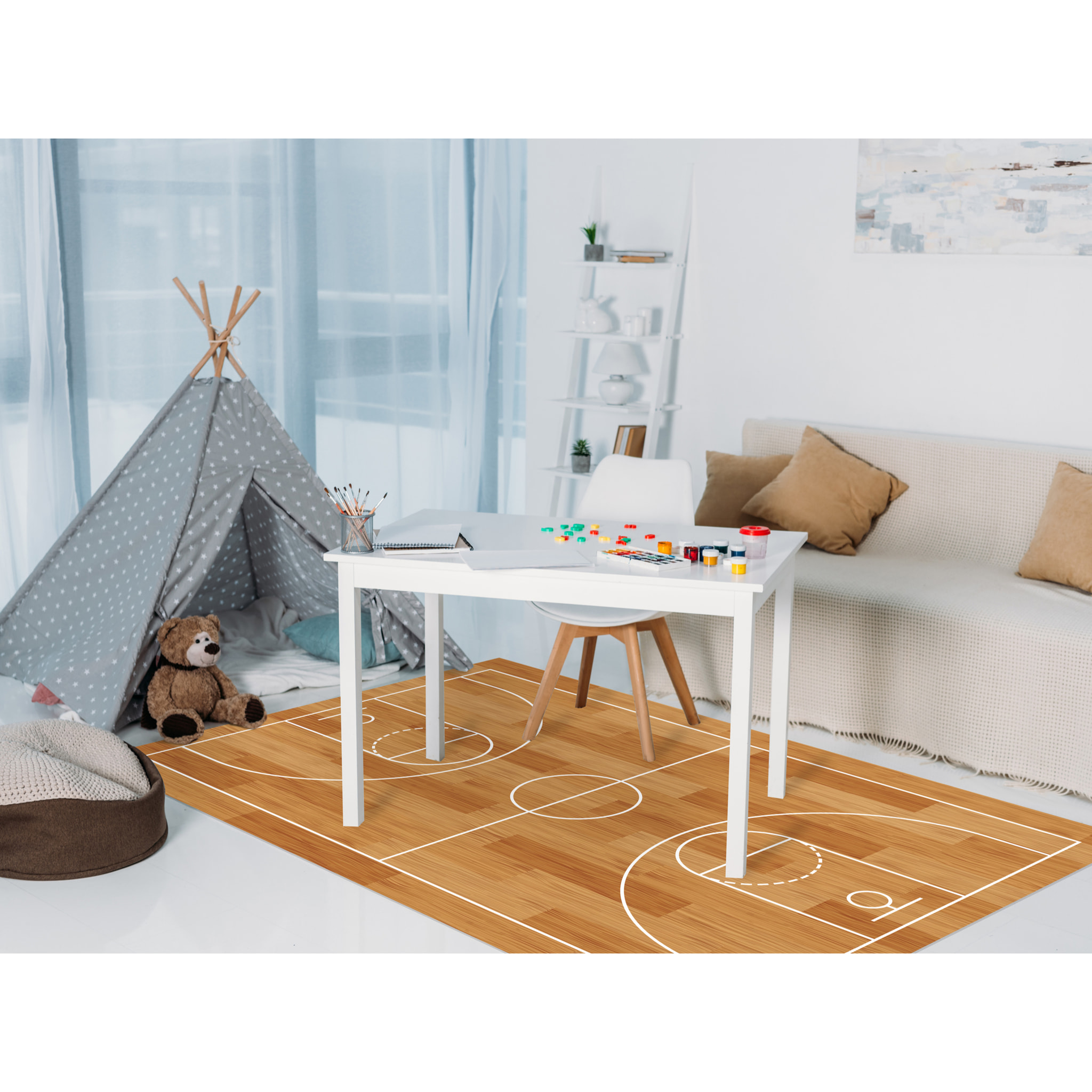 Alfombra de vinilo Cancha de Baloncesto 160x240 cm - PVC antideslizante, vinilica, para habitación de los niños, infantil