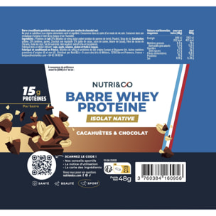 Nutri&Co Barres Protéines Whey Isolat Native - 12 barres Goût Cacahuètes & Chocolat