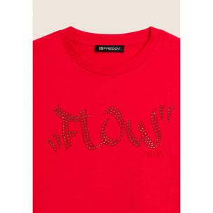 T-shirt Cropped con grafica "FLOW" e borchie