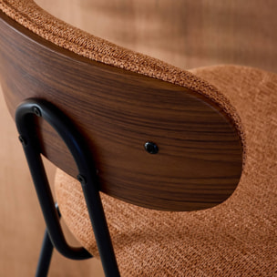 Tabouret de bar décor bois courbé teinté noyer et tissu déperlant pieds métal noir 76,5cm (lot de 2) ERIN