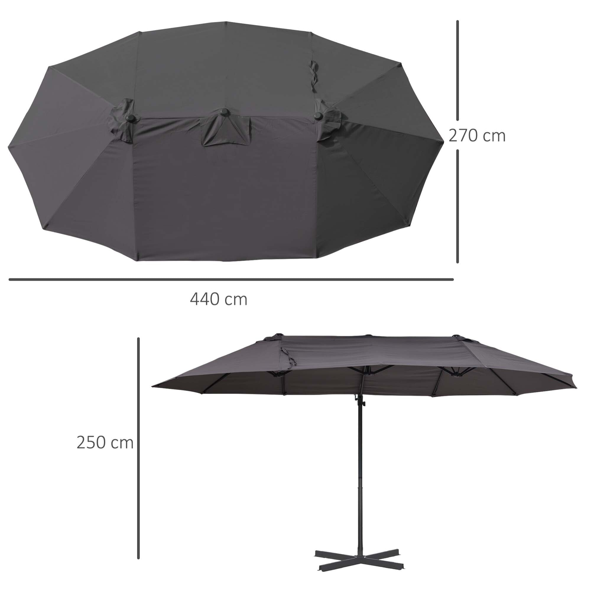 Sombrilla Doble Parasol de Acero 270x460x250cm Gris