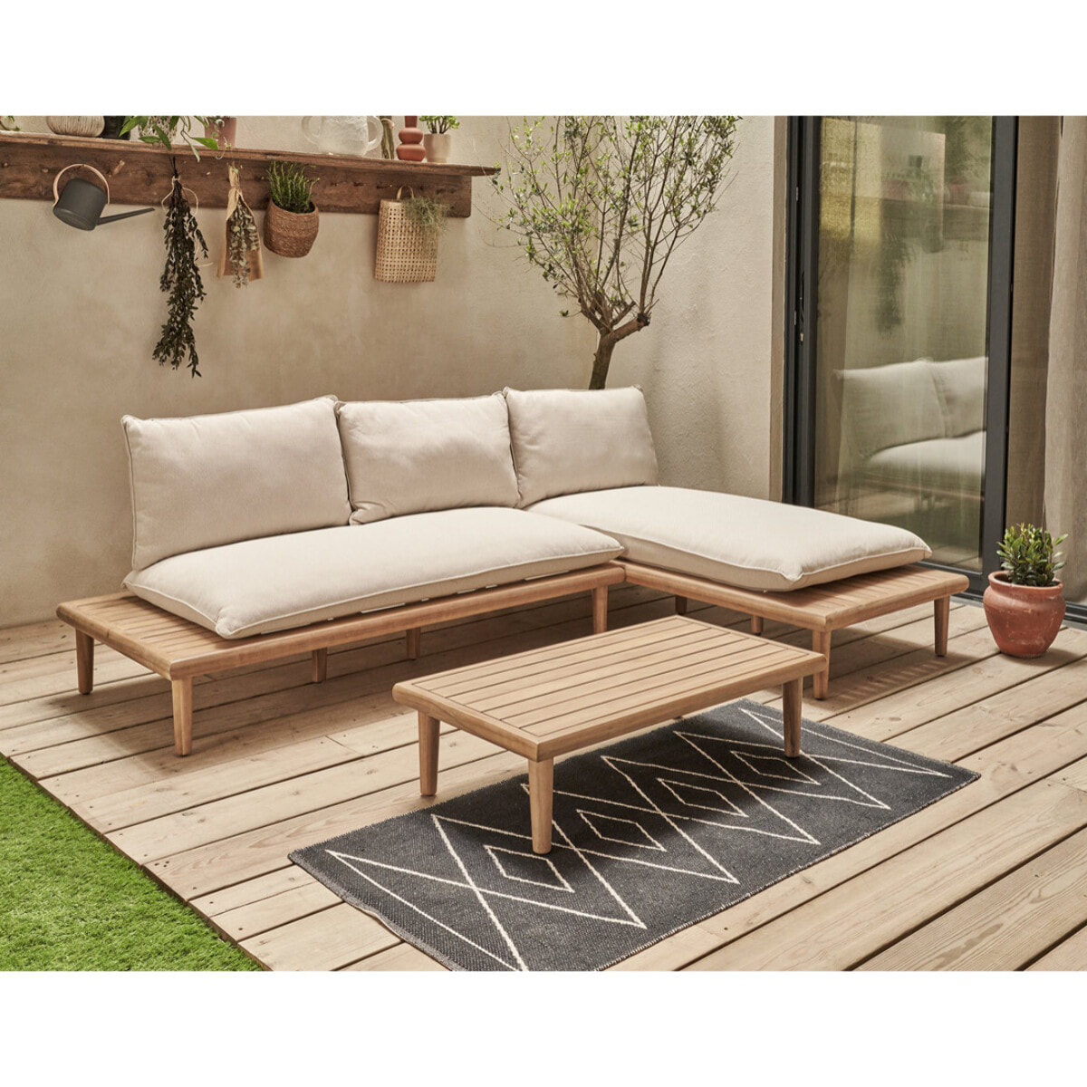 Papeete - salon bas de jardin 4 places + table - bois d'acacia et coussins beiges - Bois / Beige