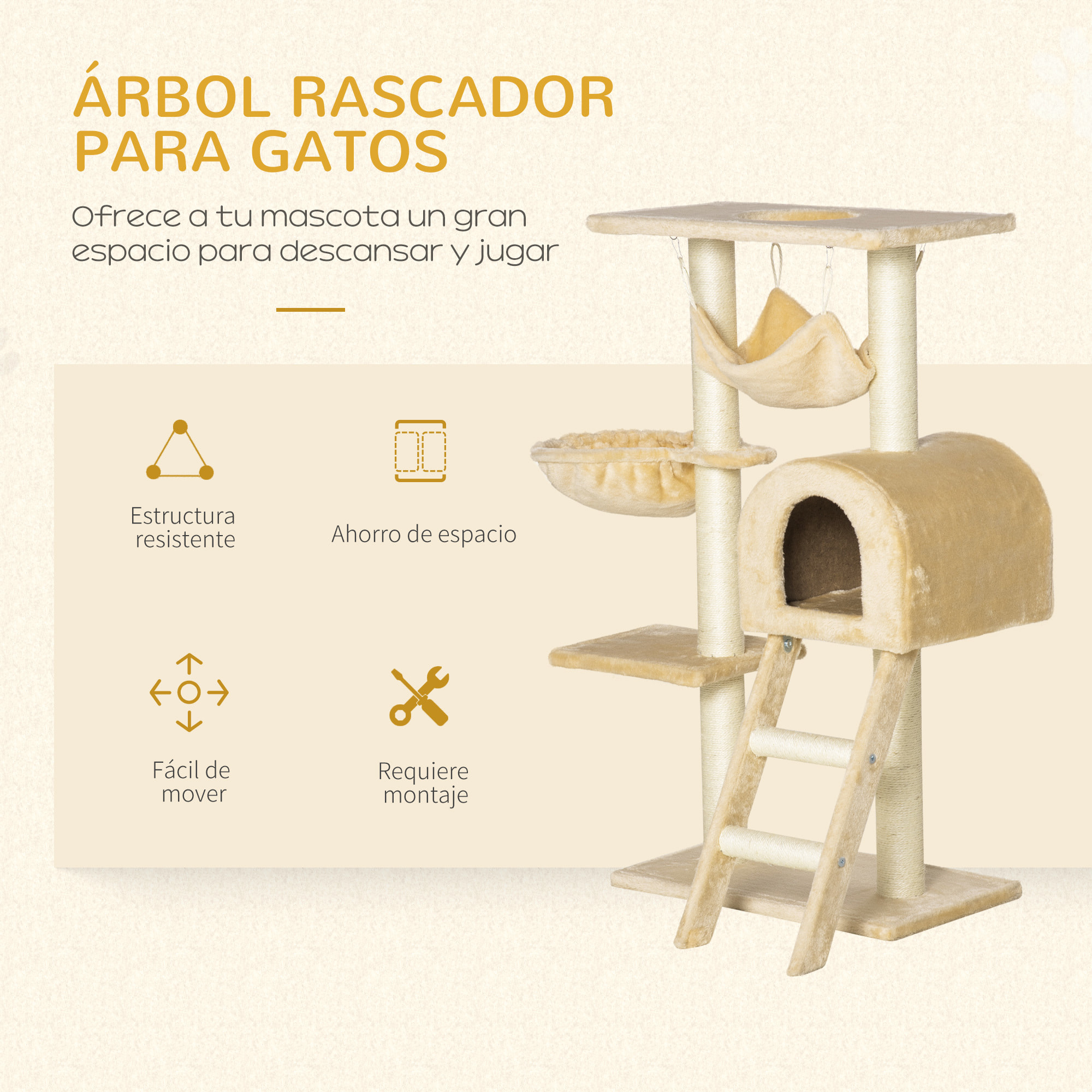 árbol Rascador para Gatos 98 cm con Cueva Hamaca Escalera Postes de Sisal Beige